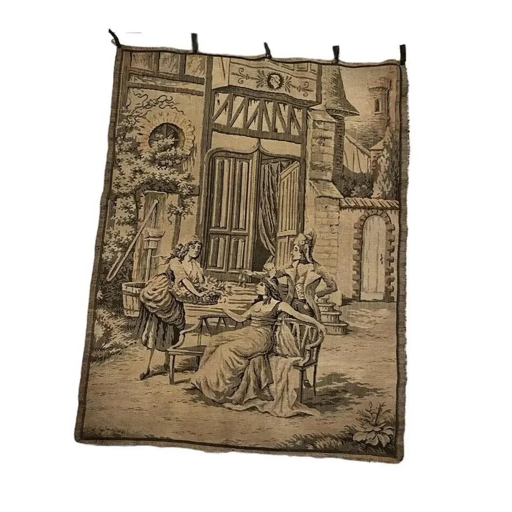 Vintage French wall tapestry wall hanging Loops Ladies Chateau 25x19” Victorian